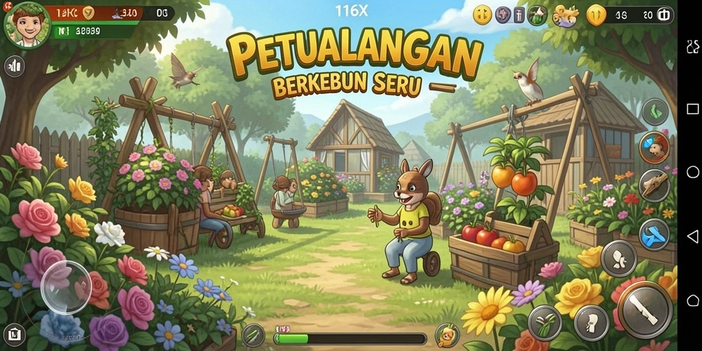 Screenshot gameplay 116X menampilkan aksi seru berkebun.