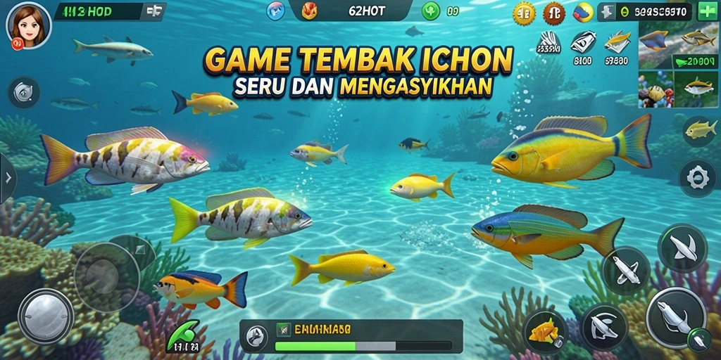Gameplay seru 62HOT dengan berbagai ikan menunggu untuk ditangkap.