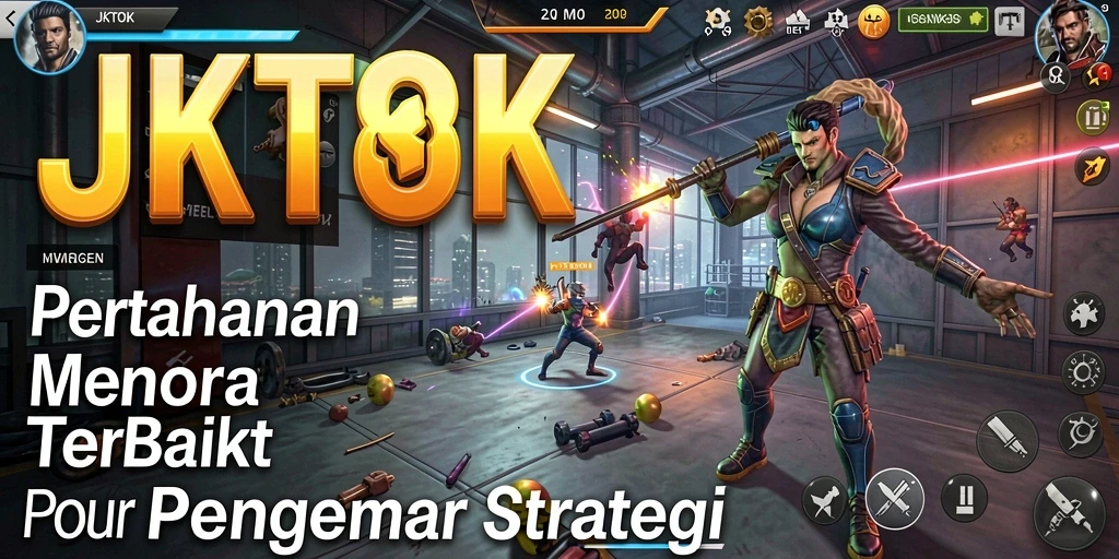 Tangkapan layar gameplay JKTOK yang menunjukkan serangan menara pertahanan.