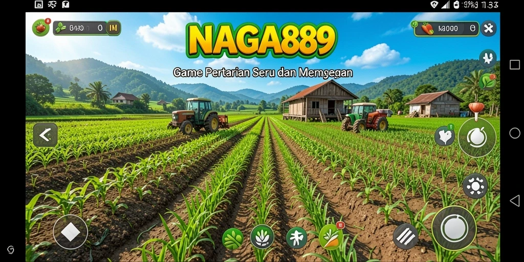 Screenshot NAGA889 menampilkan kebun yang subur dan hewan ternak yang ceria.