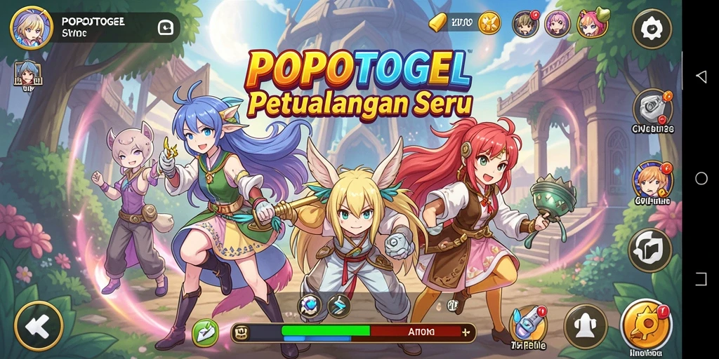 Screenshot dari gameplay POPOTOGEL menampilkan dunia anime yang penuh warna.