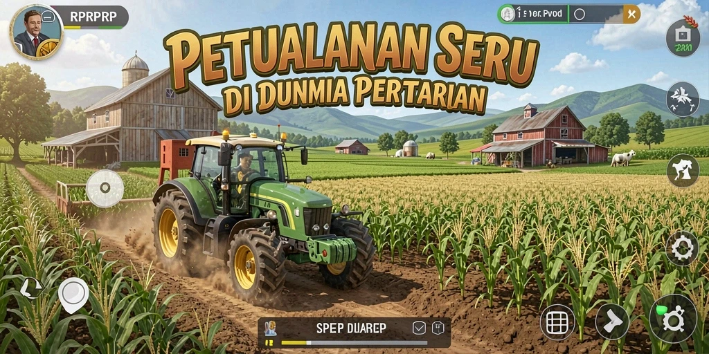 Screenshot gameplay RPRPRP yang menampilkan ladang yang indah dan tanaman subur.