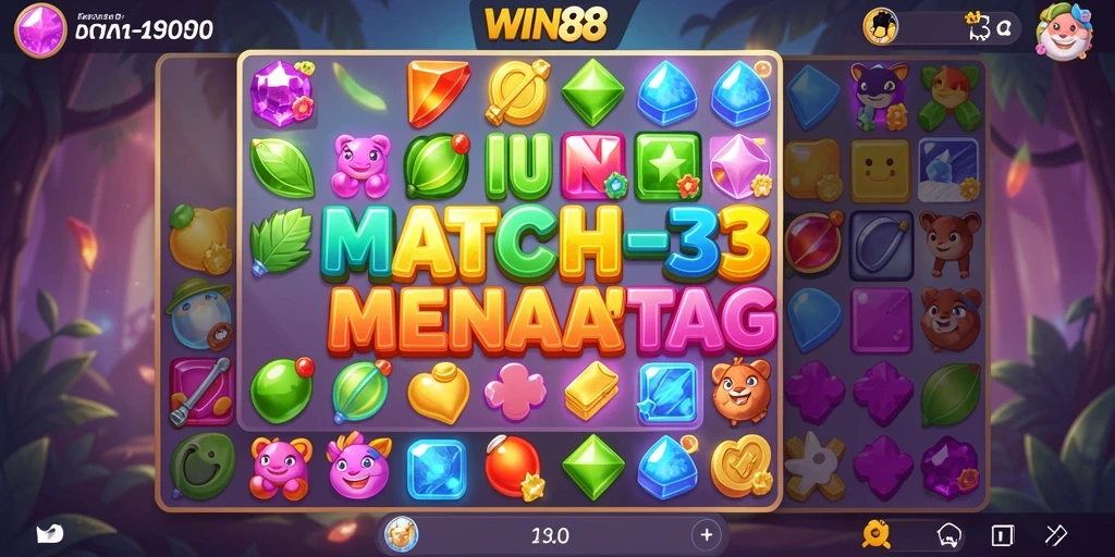 Tampilkan gameplay seru WIN88 dengan elemen Match-3 yang berwarna-warni.