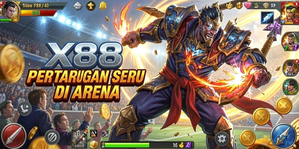 Screenshot gameplay X88 menampilkan pertarungan yang intens dan karakter yang unik.