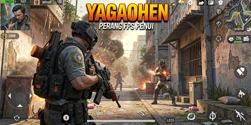 Tampilan gameplay mendebarkan dalam YAGAOHEN, menampilkan pertarungan FPS yang intens.